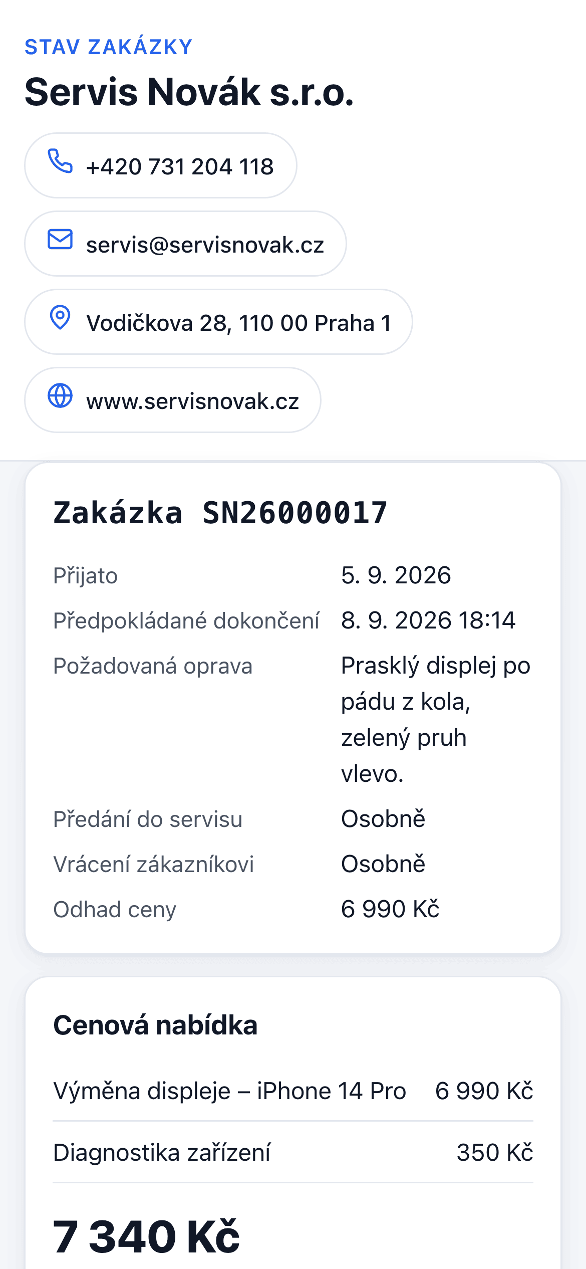 Zákaznický portál na telefonu se stavem zakázky a cenovou nabídkou